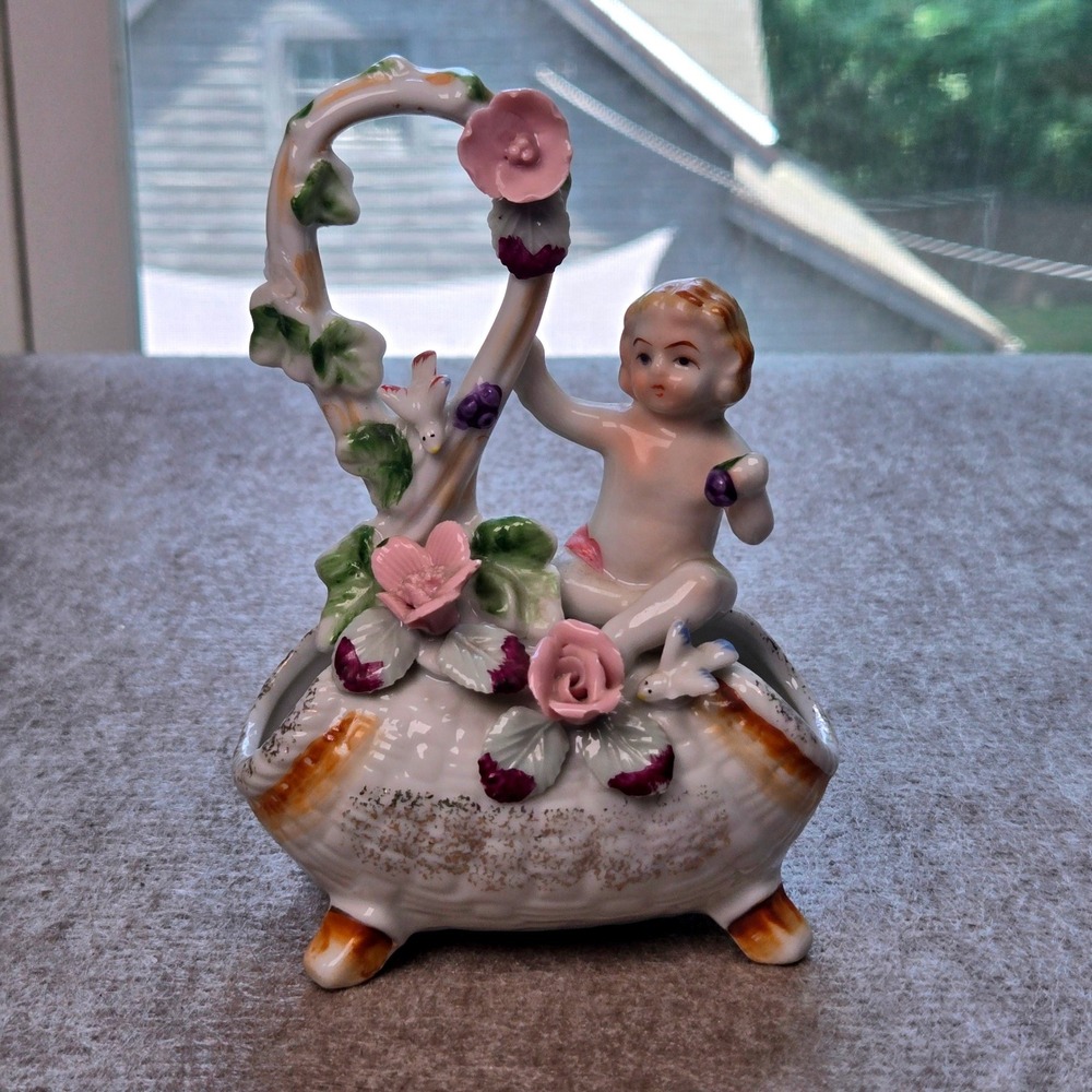 Vintage Porcelain Cherub Figurine Planter Vase Floral Applied Pink Roses Gold